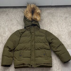 Kids Olive Green Puffer Jacket with Faux Fur Hood